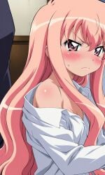 ai_generated angry baggy_clothing blush cleavage louise_francoise_le_blanc_de_la_valliere petite pink_eyes pink_hair shoulders white_shirt