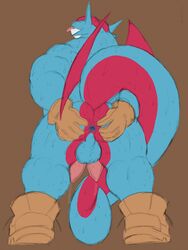 3:4 animal_genitalia animal_penis anthro anus ass backsack balls biceps blep blue_anus blue_balls blue_body blue_scales bodily_fluids boots brown_background clothing diphallia diphallism elwind_(thiccvally) flat_colors footwear genital_fluids genitals gloves grin hands_on_hips handwear hemipenes hi_res humanoid leather looking_at_viewer looking_back male multi_genitalia multi_penis nintendo pecs penis pink_penis pokémon_(species) pokemon precum red_body red_scales red_wings rough_sketch salamence scales simple_background slightly_chubby smile solo spread_butt spreading standing standing_on_toes sweat tail_between_legs tjloog tongue tongue_out video_games wide_stance wings