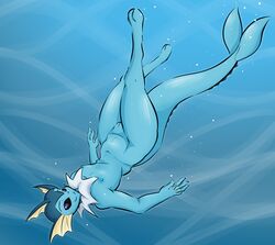 absurd_res anthro anthrofied barefoot black_sclera blue_body breasts eeveelution female flat_chested genitals hi_res humanoid membrane_(anatomy) nintendo notsafeforweh nude pokémon_(species) pokemon pokemon_(species) pokemorph pussy solo thick_thighs underwater vaporeon video_games water webbed_hands