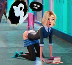 1girls 3d accurate_art_style all_fours arched_back ass ass_focus blonde_hair blue_eyes blush chromatic_aberration dat_ass exposed_ass eyebrow_piercing gwen_stacy gwen_stacy_(spider-verse) humiliation jaxsnaxs leggings marvel marvel_comics panties pink_panties school_uniform schoolgirl shocked skirt skirt_down speech_bubble spider-gwen spider-man:_across_the_spider-verse spider-man:_into_the_spider-verse spider-man_(series) tanline text the_spot tights underwear wedgie wedgies