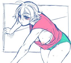 ahoge big_breasts blush canon_genderswap chokukame colored_sketch female female_only genderswap_(mtf) ginko_sakata gintama gintoki_sakata hanging_breasts leaning_forward no_bra puffy_nipples rule_63 short_hair shorts solo spot_color sweat tank_top very_short_hair