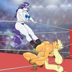 1:1 anthro applejack_(mlp) areola ass big_breasts breast_punch breast_squish breasts clothed clothing crouching duo equid equine female friendship_is_magic hasbro hellbridge hi_res horn mammal muscular muscular_female my_little_pony mythological_creature mythological_equine mythology nipples public rarity_(mlp) sports_panties squish thong topless topless_female underwear unicorn