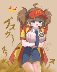 embarrassed_female fart fart_cloud fart_fetish holding_belly imadake_dabuchi_tabemi large_breasts mcdonald's stinky stinky_fart