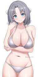 big_breasts bikini blue_bikini blue_eyes blush bow breasts cleavage clothed clothing female grey_hair hairbow large_breasts linea_alba marvelous navel one_eye_closed open_mouth polka_dot polka_dot_bikini senran_kagura senran_kagura_estival_versus senran_kagura_new_link senran_kagura_shinovi_versus shiny_skin simple_background smile splashing surippa1010 swimsuit wet white_background white_bow yumi_(senran_kagura)