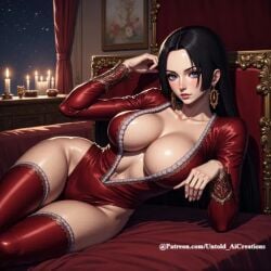 1girls ai_generated big_breasts boa_hancock breasts cleavage clothed clothing female female_only laying_down looking_at_viewer no_sex not_porn one_piece safe seductive solo untoldaicreations untoldcreate