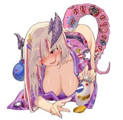 1girls :d ass blonde_hair blue_nails blush breasts cleavage cup drunk drunk_female hair_over_eyes highres horns japanese_clothes kimono long_hair looking_at_viewer nail_polish open_mouth pink_hair purple_nails r_project red_eyes sakazuki sash satou_daiji simple_background smile solo tail tsuzura_amo virtual_youtuber white_background