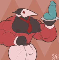 absurd_res anthro bulge butler clenched_fists clothing craw deltarune dildo erect_nipples hi_res humanoid kalt-jn male mask mouthless muscular necktie nipples pecs serving sex_toy solo suit swatchling_(deltarune) undertale_(series) video_games