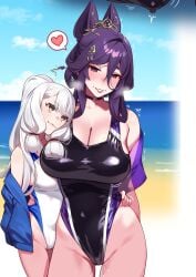 2girls beach breasts choker female head_on_breasts hie_(hiememiko) hiememiko kantai_collection large_breasts leotard lesbians murakumo_(kantai_collection) purple_eyes purple_hair shaking size_difference steamy_breath swimsuit swimwear tagme wet wet_pussy white_hair yuri