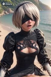 , 1boy 1boy1girl 1girls 2b_(nier:automata) ai_generated areola_slip beach black_blindfold black_dress blindfold blurry blurry_background breasts cleavage cleavage_cutout clothing_cutout covered_eyes cowgirl_position cum dress hairband hi_res leotard medium_breasts mole mole_under_mouth nier:_automata nier_(series) nier_replicant open_mouth outdoors penis r34arts sex short_hair solo_focus straddling straight tongue vaginal_penetration vaginal_penetration vaginal_sex water white_hair yorha_2b