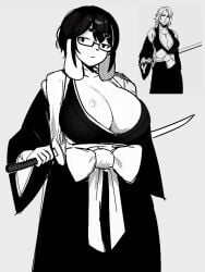 2024 3:4 anthro big_breasts bleach_(series) breasts canid canine canis circle_eyebrows cosplay dark_hair digital_drawing_(artwork) digital_media_(artwork) domestic_dog eyebrows eyewear female floppy_ears front_view glasses halftone holding_katana holding_melee_weapon holding_object holding_sword holding_weapon huge_breasts hunting_dog jxzuke katana long_ears mammal matsumoto_rangiku melee_weapon mixed_breed mochi_(jxzuke) monochrome mouth_closed narrowed_eyes portrait rangiku_matsumoto_cosplay rectangular_glasses scent_hound shiba_inu simple_background solo spitz sword weapon wearing_glasses white_background