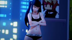 3d black_hair crossed_arms embarrassed julianne_stingray koikatsu light-skinned_female light_skin lingerie lingerie_only long_hair looking_away one_eye_closed partially_clothed small_breasts solo solo_female solo_focus spiritofrei themed_clothes twintails va-11_hall-a