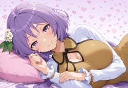 ai_generated benben_tsukumo civitai cleavage cleavage_cutout clothed_female female flower flower_in_hair flowers_in_hair head_on_hand huge_breasts junihito looking_at_viewer lying lying_on_bed lying_on_side ponytail purple_eyes purple_hair self_upload side_view smile smirk solo tagme touhou tsukumo_benben yellow_shirt