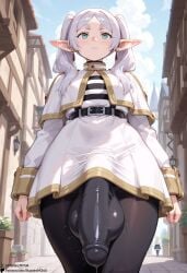 1futa ai_generated bulge frieren futanari huge_balls huge_cock precum precum_through_clothing public self_upload sousou_no_frieren starskyai twitching_penis walking