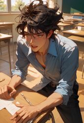 1boy ai_generated black_hair classroom glasses masturbation school_uniform