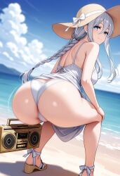 1girls ai_generated ass ass_shake boombox braid collarbone date_a_live dekutree10 dress female gold_boombox_(prevence) long_hair looking_at_viewer looking_back panties single_braid smile sun_hat sundress takamiya_mio twerk twerking white_dress white_panties