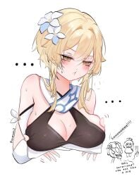 ... 2girls bare_shoulders black_bra blonde_hair bra breasts cleavage doodle_inset flower genshin_impact grabbing_own_breast hair_flower hair_ornament highres large_breasts lumine_(genshin_impact) multiple_girls paimon_(genshin_impact) pout short_hair_with_long_locks speech_bubble sweat twitter_username underwear unosaki2 upper_body white_background yellow_eyes