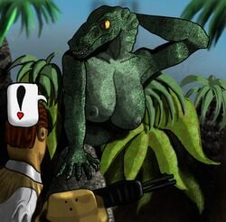 anthro big_breasts breasts comic_panel dinosaur dromaeosaurid duo felixspeagel female flashing green_body green_scales heart human jungle jurassic_park mammal reptile scales scalie theropod universal_studios velociraptor weapon yellow_sclera