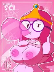 adventure_time annoyed_expression big_breasts blowing_bubblegum cosonly18 flipping_off flipping_the_bird flipping_viewer_off glasses middle_finger nerdy_female pink_hair princess_bubblegum the_finger topless