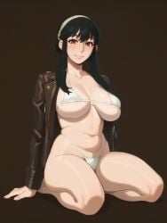 1girls ai_generated blush chubby chubby_female curvy dark_hair female female_focus female_human female_only front_view headband kneeling leather_clothing leather_jacket looking_at_viewer micro_bikini milf mother navel open_jacket red_eyes simple_background smile smiling smiling_at_viewer solo solo_female solo_focus spy_x_family voluptuous voluptuous_female yor_briar yor_forger