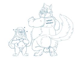 anthro ass balls belly bravo canid canine duo eyewear flaccid genitals glasses lagomorph leash leporid male male/male mammal mature_male navel overweight overweight_male penis rabbit simple_background size_difference were werecanid werecanine werewolf white_background