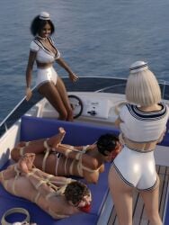 1male 3d 3females 6females arms_tied_to_legs barefoot bikini black_hair blonde_hair boat bondage breasts_out brown_hair dark-skinned_female female female_domination femdom femsub gag gagged harness_gag hogtie hogtied lezdom light-skinned_female light-skinned_male male malesub motorboat naked_female naked_male nude_female nude_male over_the_mouth_gag panel_gag red_bikini render rope rope_bondage sailor_hat sailor_uniform tits_out toes_tied topless_female water wrists_tied_to_ankles