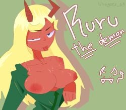 blonde_hair breasts breasts demon demon_girl demon_horns eyes_half_closed female girl green_background green_hood heterochromia horns letters long_hair looking_at_viewer neutral_expression nipples oc original_character tongue tongue_out