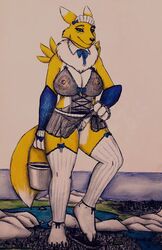 anthro anthro_only armwear breasts bredlaybagordh bridal_gauntlets bucket clothed clothing clothing_lift container digimon dipstick_ears female fur genitals hi_res legwear lingerie macro multicolored_ears neck_tuft pubes pussy renamon solo thigh_highs translucent translucent_clothing tuft yellow_body yellow_fur