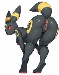 ai_generated anthro anus ass bent_over black_fur blush breasts female frown hi_res highres katalystnya looking_away nintendo nipples pawpads pokemon pokemon_(species) presenting_hindquarters pussy shy solo tail umbreon white_background