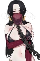 arm_under_breasts arms_under_breasts bikini black_hair blue_eyes boa_hancock breasts chain_leash chains cleavage collar earrings female harem_outfit heavy_breathing jewelry large_breasts leash long_hair looking_at_viewer metal_collar mouth_veil narrow_waist navel nervous one_piece ratatatat74 see-through_clothes slave solo swimsuit trembling veil white_background