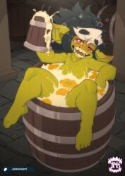 barrel beer drunk goblin goblin_female green_skin jomaro_(artist) nude pointy_ears shortstack spread_legs