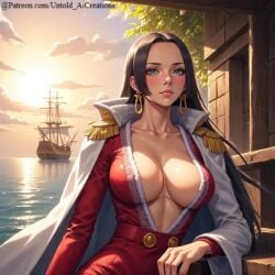 1girls ai_generated big_breasts boa_hancock cleavage close-up clothed clothing female one_piece outdoors seductive