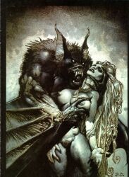 1boy 1girls bat big_breasts breasts female male monster nipples nude pubic_hair pussy simon_bisley traditional_media_(artwork)