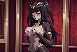 ai_generated black_hair bridal_gauntlets collar covering_breasts female female_human female_only fire_emblem fire_emblem_awakening naked navel self_breast_fondle self_fondle self_upload skindentation squeezing_breasts squeezing_own_breasts stable_diffusion tharja_(fire_emblem) thighs tiara