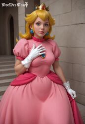 1girls ai_generated ass big_ass blonde_female blonde_hair blue_eyes bottom_heavy breasts castle crown dress earrings large_ass light-skinned_female long_hair mario_(series) nintendo pink_dress princess_dress princess_peach realistic small_breasts thick_ass thick_legs watermark weeweeman wide_hips