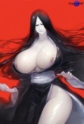 1girls ai_generated areola_slip big_breasts black_hair bleach blood breasts breasts color curvy curvy_body curvy_female curvy_figure evil_smile female female_focus female_only front_view huge_breasts large_breasts long_hair pale-skinned_female pale_skin priestofart simple_background solo solo_female solo_focus standing tagme tagme_(artist) tagme_(character) thick_thighs thin_waist unohana_retsu watermark