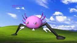 3d angry_expression axolotl black_legs blender blender3d blender_(software) bliss_(image) blue_sky blush canon_design circle_head clouds cum cum_dripping_out_of_pussy cum_in_pussy cum_inside cuntboy floating_hands gay gills grass intersex kinito kinito_the_axolotl kinitopet legs_spread looking_at_viewer non-human pink_head pink_text pussy tears tears_of_pleasure text white_gloves windows_xp