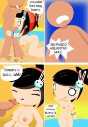 big_breasts big_penis blowjob comic_page completely_nude completely_nude_female completely_nude_male cum_in_container cum_in_mouth cumshot drinking_cum radio_gosha spanish_dialogue spanish_text