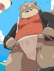 2015 anthro asian_clothing balls_outline black_nose blush brown_body brown_fur bulge clothing east_asian_clothing fundoshi fur genital_outline humanoid_hands japanese_clothing kemono kisukemk777 male mammal outside overweight overweight_male penis_outline shirt solo_focus topwear underwear ursid white_clothing white_fundoshi white_underwear