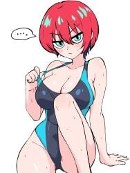 ... 1girls amate_yuzuriha aqua_eyes blush breasts cleavage competition_swimsuit gundam gundam_gquuuuuux hair_between_eyes one-piece_swimsuit red_hair short_hair sitting solo swimsuit wet