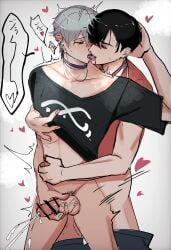 2boys alien_stage anal_sex bar_censor black_hair black_shirt bottomless bottomless_male censored_penis choker danheki_syu earrings gay gay_sex grey_hair hand_on_another's_head handjob_while_penetrated heart ivan_(alien_stage) penis red_shirt sex_from_behind till_(alien_stage) tongue_kiss yaoi