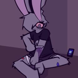 1:1 2021 anthro bandage bandaged_leg black_clothing black_shirt black_topwear blood bodily_fluids bunnie_(bunnielovesyou) bunnielovesyou clothing conditional_dnp fangs female knife lagomorph leporid mammal phone purple_eyes rabbit red_sclera self_harm shirt solo topwear uncensored