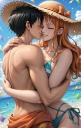 ai_generated big_breasts couple curvy curvy_body curvy_female female kissing male monkey_d_luffy nami one_piece straw_hat wide_hips