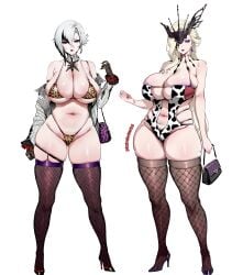 2girls ai_generated arlecchino_(genshin_impact) bikini cougar female female_only genshin_impact gigantic_breasts hag huge_breasts lotus26 revealing_clothes signora_(genshin_impact) skimpy skindentation slightly_chubby string_bikini thick_thighs tight_clothing voluptuous