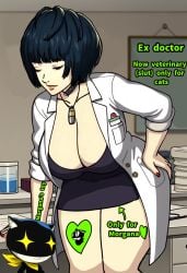 ai_generated atlus doctor edit edited_image english_text feline morgana_(persona) ntr persona_5 persona_5_royal sega tae_takemi tattoo text veterinarian video_game_character video_games