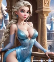 ai_generated big_breasts blonde_hair breasts cleavage clothed clothing disney elsa_(frozen) frozen_(film) outdoors princess public