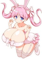 1girls blue_eyes blush breasts bunny_ears full_body haramura_nodoka huge_breasts k-cup_breasts miteinano pink_hair ribbons saki_(manga) smile twintails