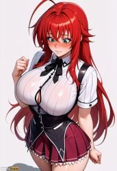 ahoge ai_generated aqua_eyes artist_name bangs blush breasts bursting_breasts closed_mouth collared_shirt cowboy_shot female green_eyes hair_between_eyes high_resolution high_school_dxd highres huge_ahoge large_breasts long_hair looking_down miniskirt pleated_skirt red_hair red_skirt rias_gremory school_uniform shirt short_sleeves simple_background skirt solo stable_diffusion sweatdrop thighs underbust very_long_hair waifuscans418 white_background white_shirt