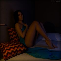 3d artist:stumpie asian asian_female bed bedroom bedroom_eyes bedsheets blue_eyes blue_eyes_female brown_hair brown_hair_female chell copyright:portal_(series) copyright:portal_2 cosy covering cozy cozy_atmosphere dark_room dim_light dim_lighting dim_room medium_ass night nude_female pale-skinned_female pale_skin ponytail ponytail_female posing request requested warm_light warm_lighting