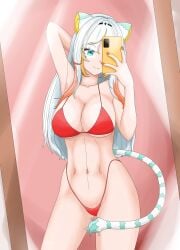 1girls 2d 2d_(artwork) ale_131 alternate_hairstyle animal_ears animal_tail arm_behind_head belly belly_button big_breasts bikini bikini_bottom bikini_top cleavage female female_focus female_only front_view green_eyes high_resolution highres holding_phone idol_corp idol_es indoors latam_virtual_youtuber light-skinned_female light_skin long_hair mirror mirror_selfie orange_hair orange_nails phone red_bikini red_bikini_bottom red_bikini_top red_swimsuit selfie sexy slim_girl smiling solo solo_female solo_focus standing swimsuit taiga_toragami thong thong_bikini tiger_ears tiger_tail two_piece_swimsuit two_tone_hair virtual_youtuber vtuber vtuberfanart white_hair young younger_female