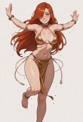 2024 ai_generated alternate_version_available big_breasts bikini bikini_top breasts cleavage dave8081 ginger gold_bikini gold_bikini_top golden_bikini golden_bikini_top gravity_falls looking_at_viewer orange_hair simple_background wendy_corduroy